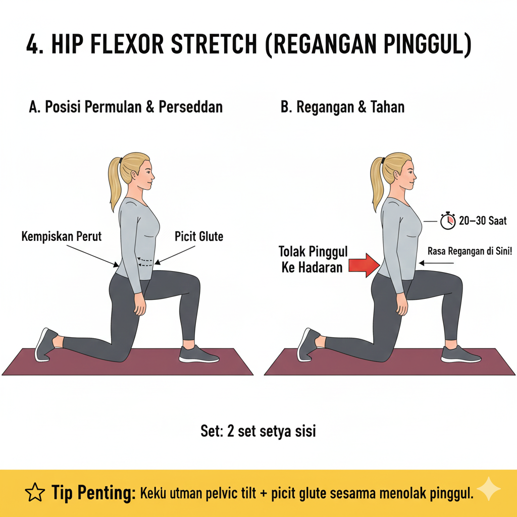5 Senaman Simple Betulkan Anterior Pelvic Tilt & Kurangkan Sakit Pinggang 4 flexor hip stretching