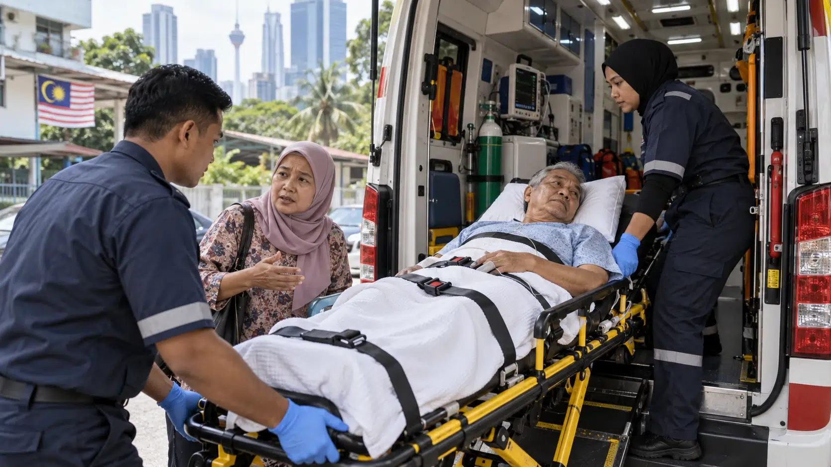 Bahaya Strok: Tanda Awal dan Tindakan Kecemasan 2 Paramedik membawa seorang dewasa ke ambulans dengan selamat.