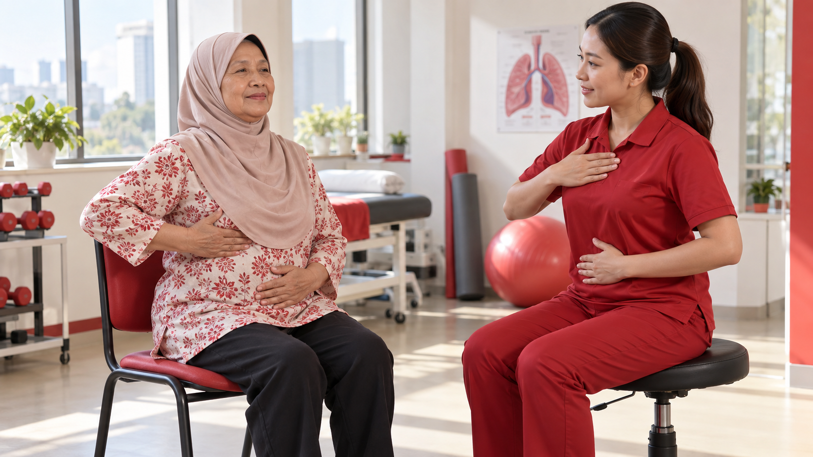 Cardiorespiratory Rehabilitation: Cardiac and Pulmonary Rehab 4 Older woman practises gentle breathing awareness while a rehabilitation professional provides guidance.