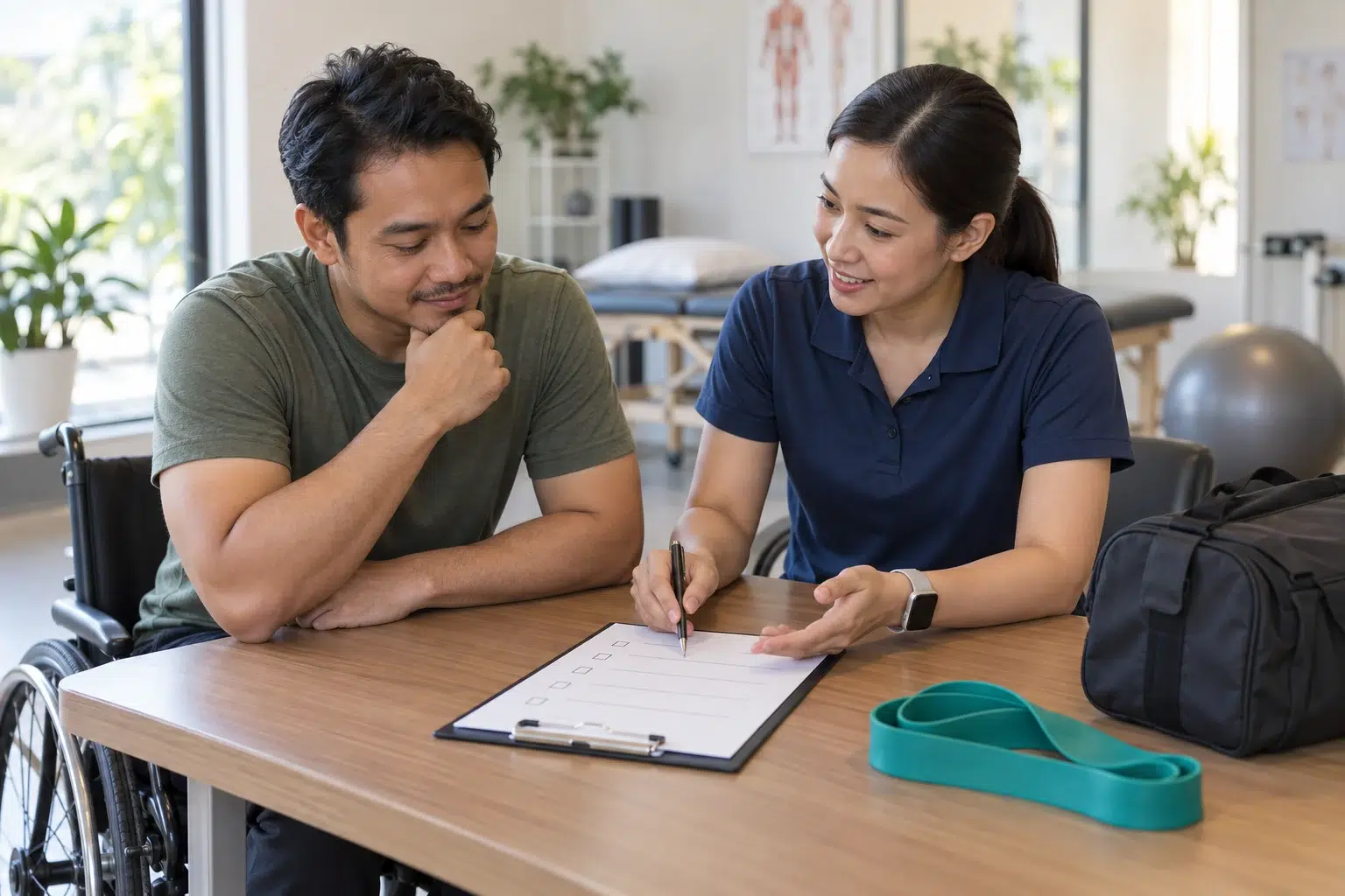 An adult and physiotherapist discuss which care setting may suit mobility and goals.