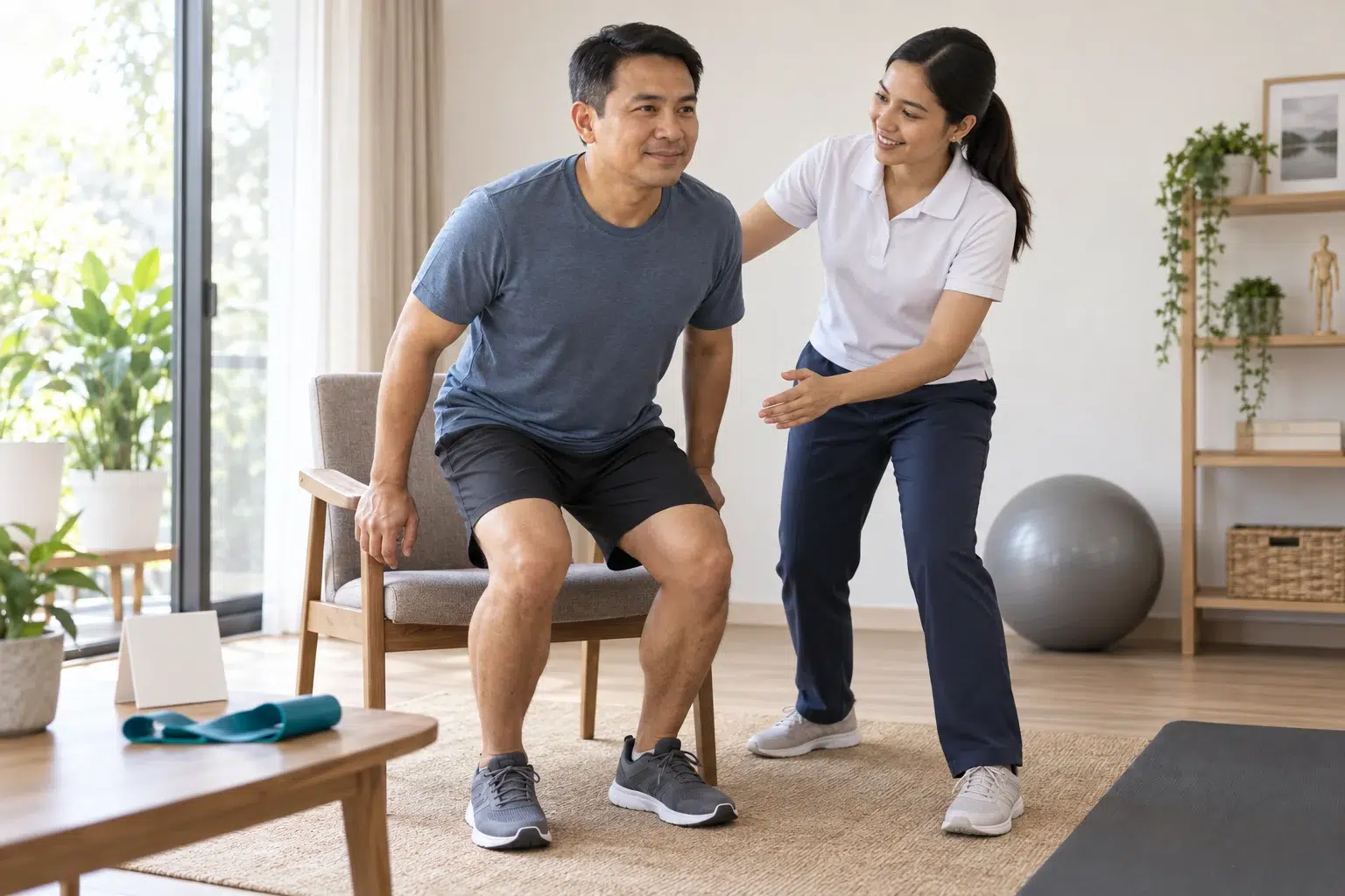 An adult practises a simple functional movement with physiotherapist supervision.
