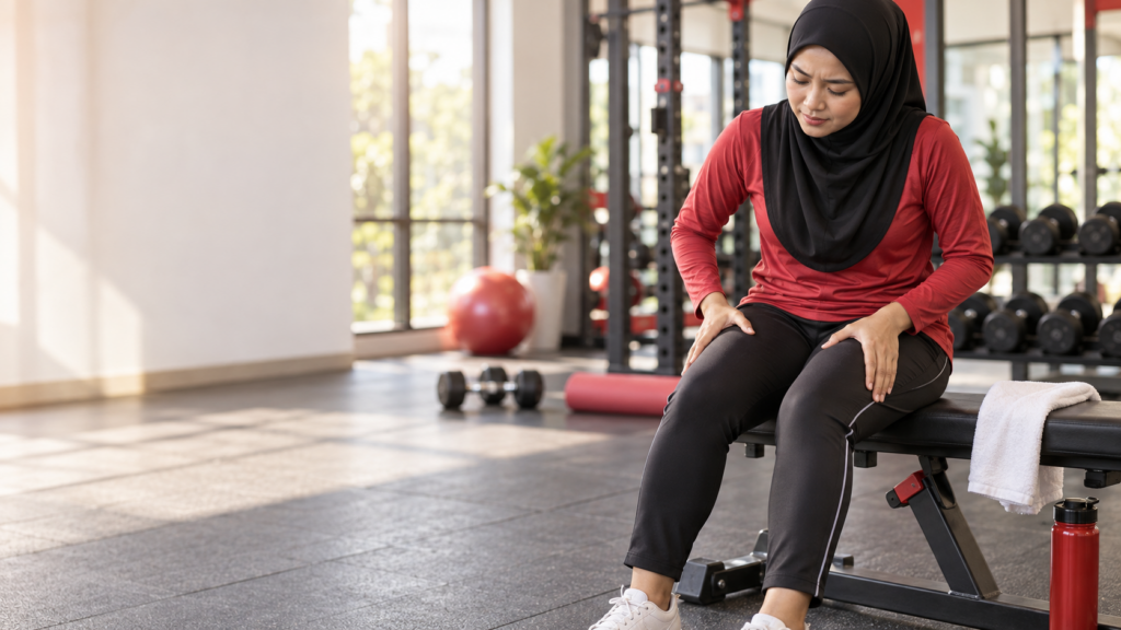 DOMS Selepas Bersenam: Punca, Simptom dan Cara Legakan Sakit Otot 51 Wanita duduk di bangku gim sambil memegang otot quadriceps yang terasa sakit selepas bersenam.