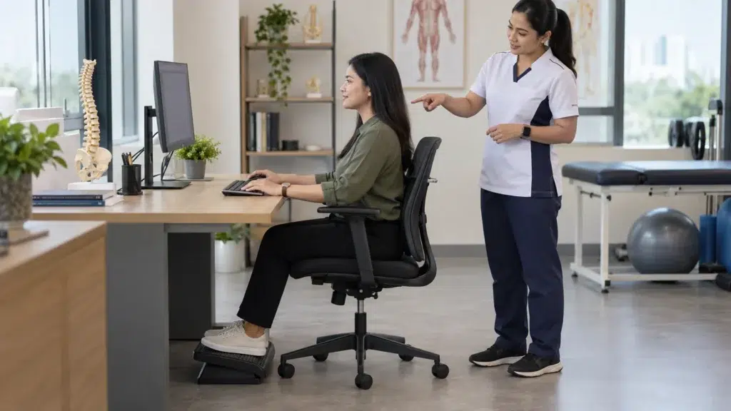 Regangan Leher untuk Kerja Meja: Panduan Selamat 1 Ilustrasi semakan ergonomik dan posisi duduk di meja kerja
