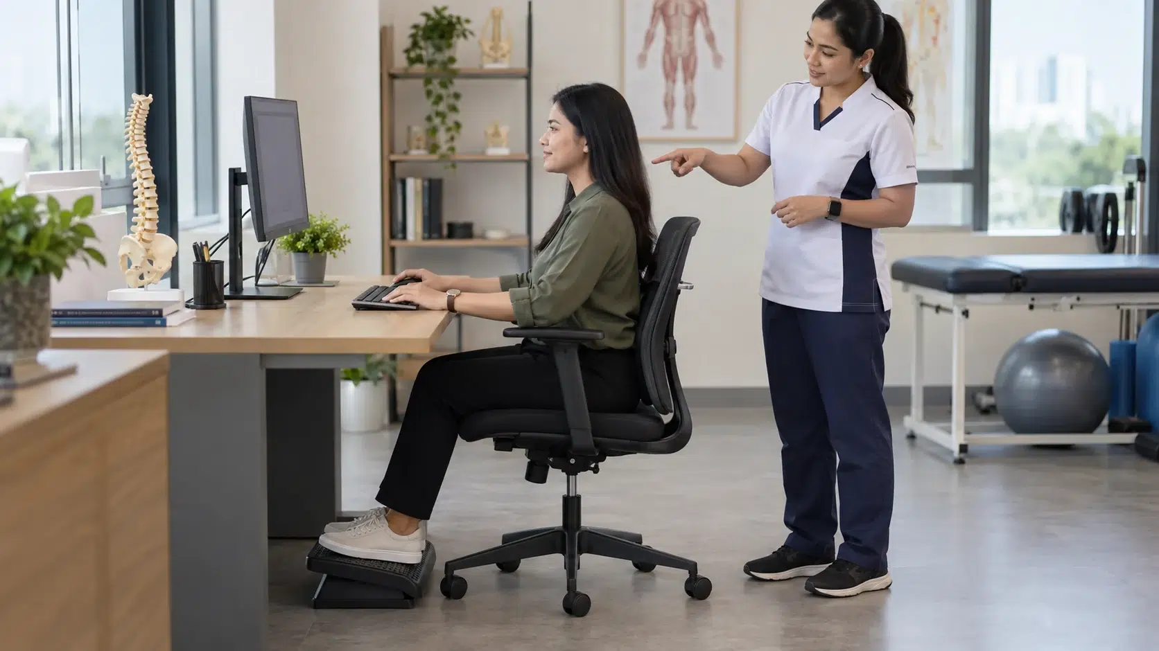 Sakit Leher dan Otot Tegang: Punca, Tanda Bahaya dan Rawatan 2 Seorang dewasa duduk di ruang kerja dengan skrin pada paras selesa sementara fisioterapis menerangkan susun atur ergonomik.