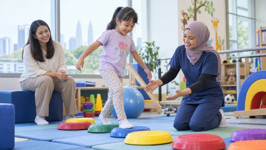 Seorang kanak-kanak melakukan permainan langkah bersama fisioterapis dengan penjaga hadir.
