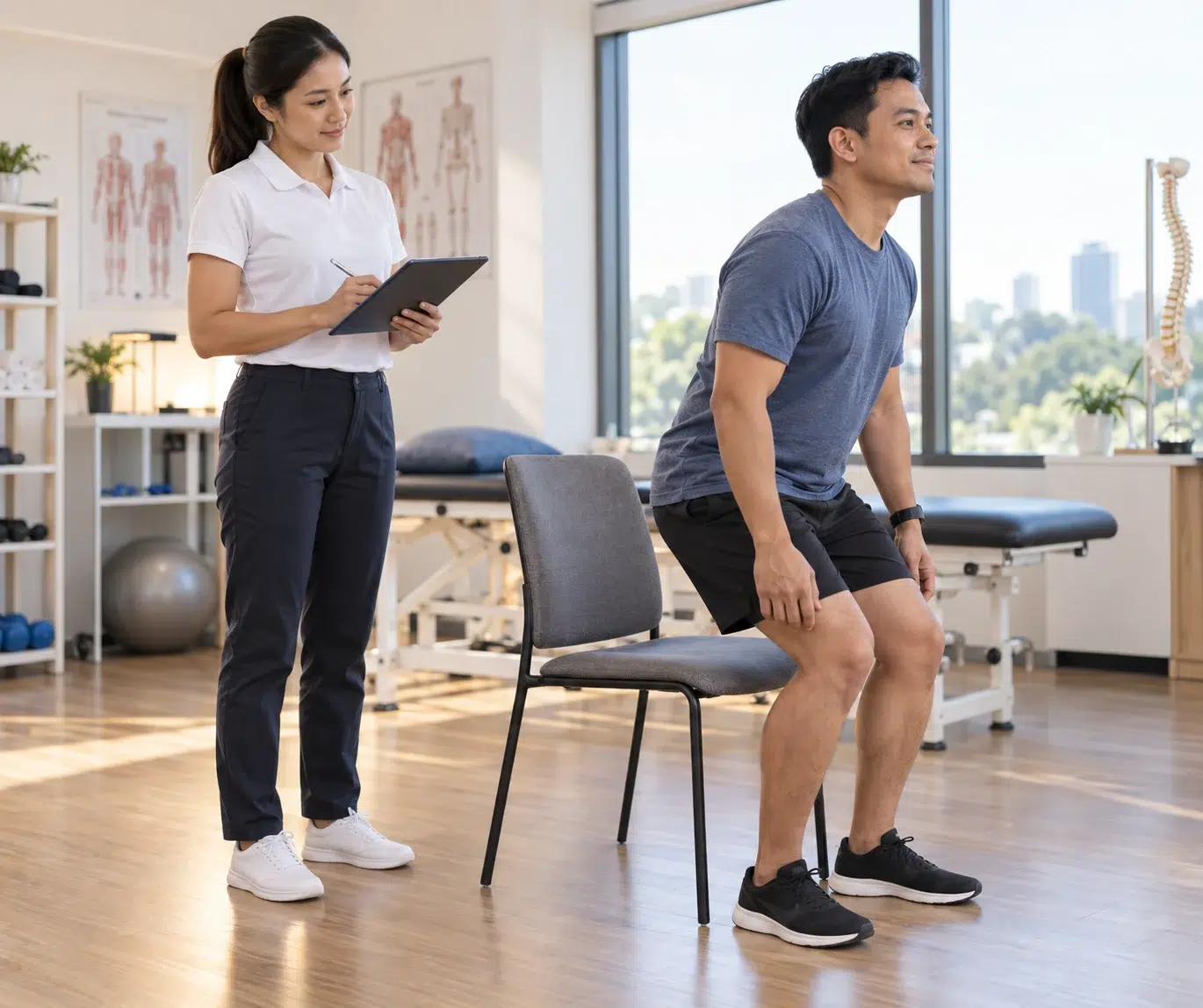 Physiotherapy for Back Pain: Assessment and Recovery 2 A physiotherapist observes an adult performing a comfortable sit-to-stand movement.