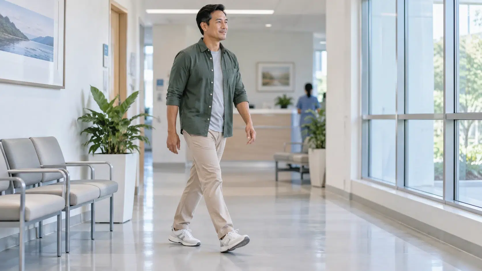 Physiotherapy for Back Pain: Assessment and Recovery 3 An adult walks at a comfortable pace along a clear indoor corridor.