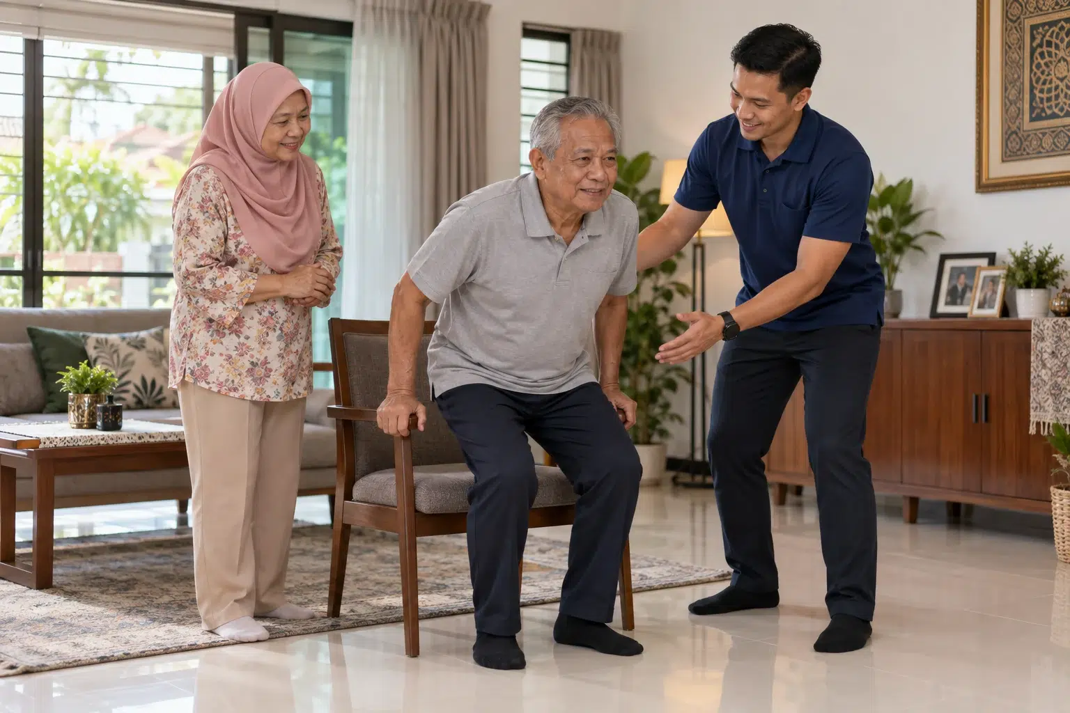 A physiotherapist supervises a safe sit-to-stand at home while a family member observes.
