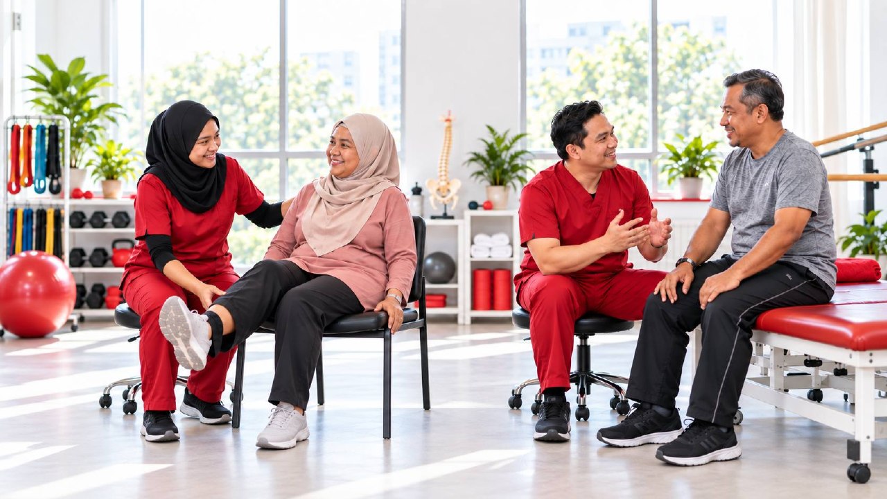 Physiotherapists discussing individual rehabilitation goals with adults in a clinic