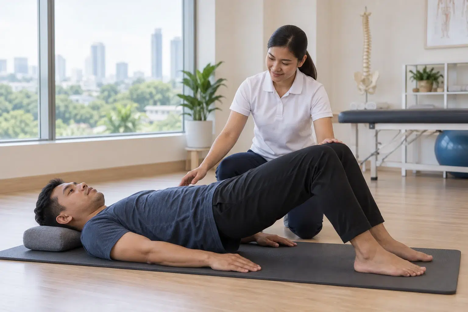 Physiotherapy for Back Pain: Assessment and Recovery 4 An adult performs a low-load trunk and hip exercise with physiotherapist supervision.