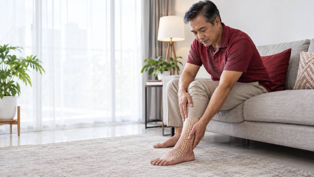 Ilustrasi AI seorang lelaki duduk di sofa sambil memegang bahagian bawah kaki.