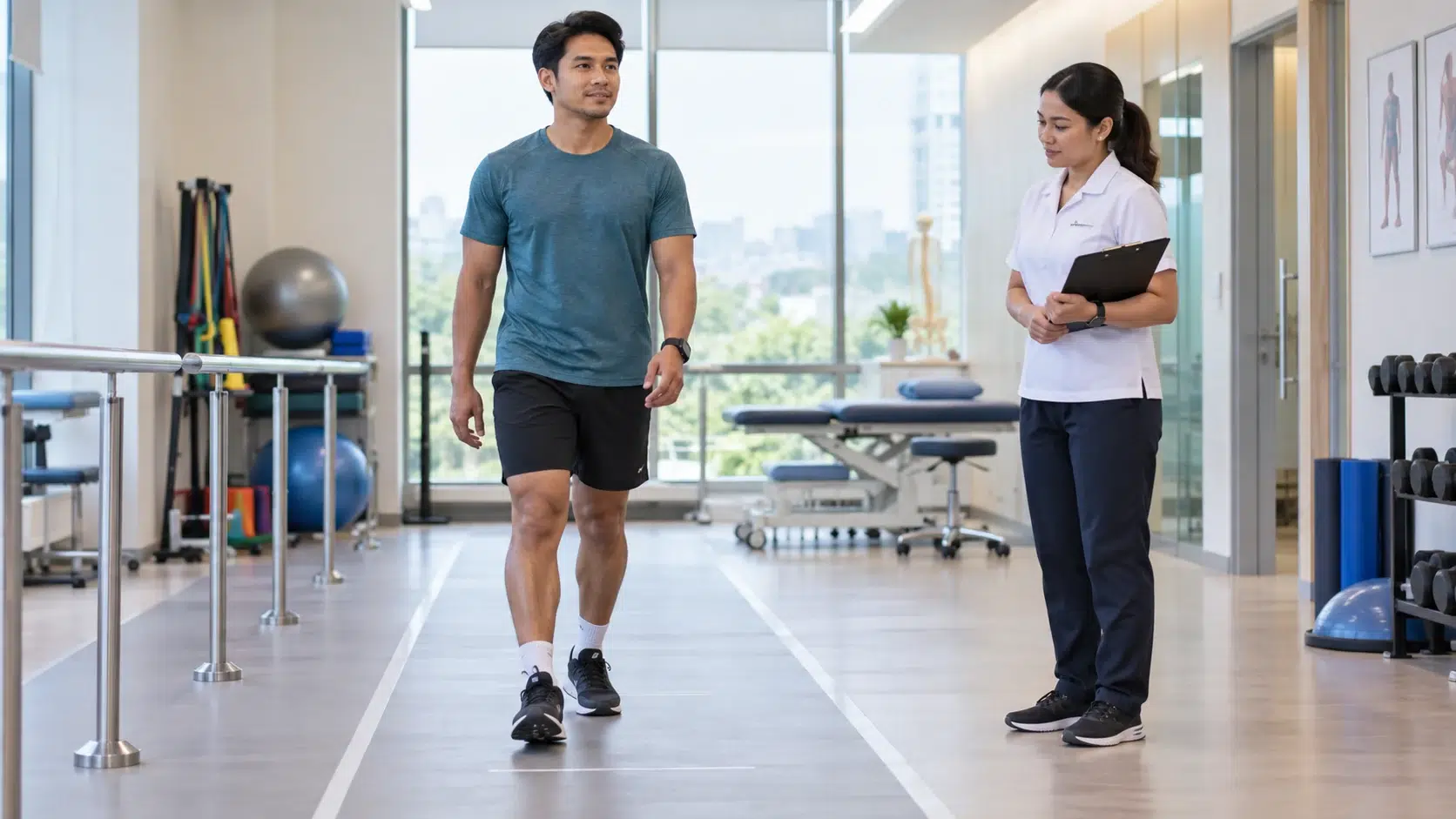 Sport Injury 4 Adult practises walking while a physiotherapist observes from nearby
