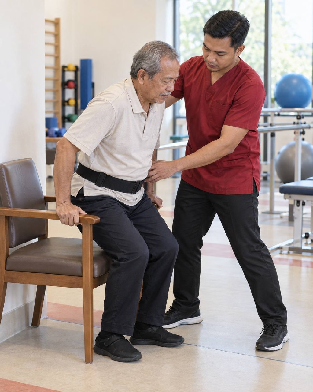 Rawatan Stroke di PERKESO Rehab: Kelayakan, Rawatan dan Pilihan Lain 2 Profesional rehabilitasi menyokong lelaki berusia menggunakan gait belt ketika berlatih bangun dari kerusi.