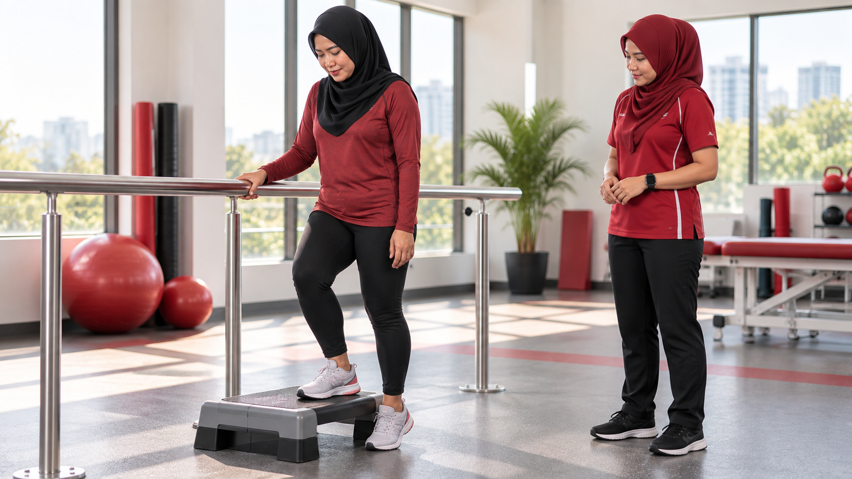 DOMS Selepas Bersenam: Punca, Simptom dan Cara Legakan Sakit Otot 2 Wanita melakukan latihan step-down terkawal dengan memegang palang sementara profesional rehabilitasi memerhati.