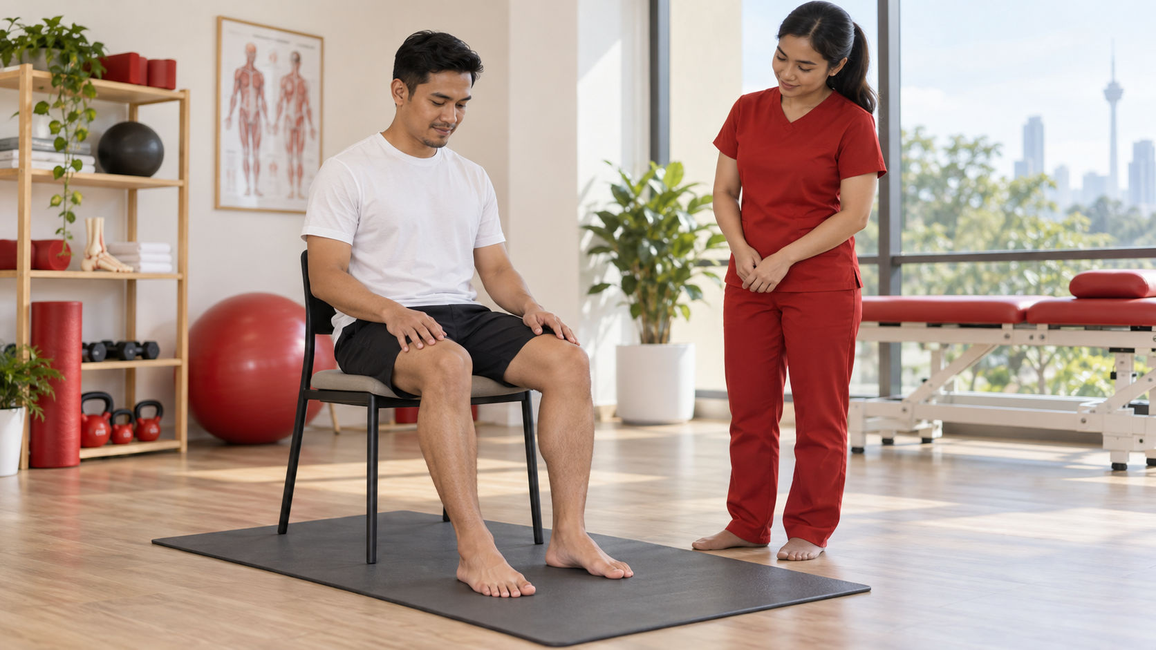 Tapak Kaki Rata: Bila Normal dan Bila Perlu Rawatan? 4 Lelaki duduk tanpa kasut sambil melakukan latihan kawalan tapak kaki di bawah pemerhatian petugas.
