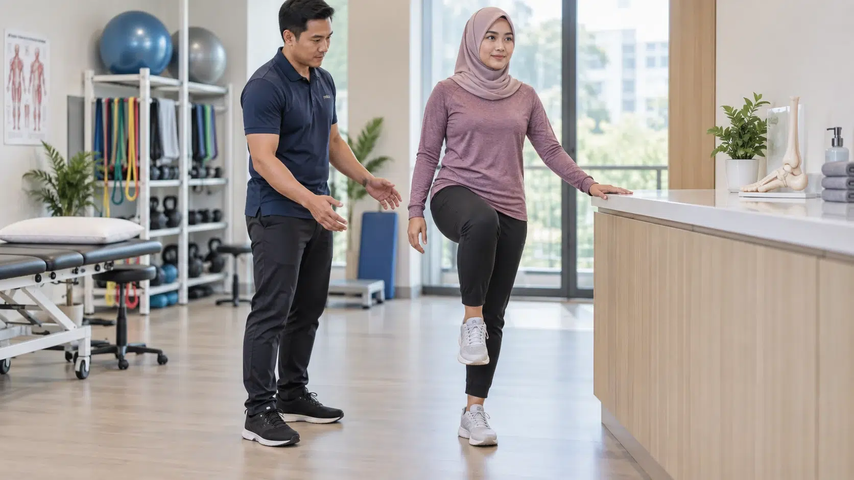 Kaki Terseliuh dan Bengkak: Apa Perlu Buat? 3 Seorang dewasa melakukan latihan keseimbangan kaki dengan sokongan berhampiran dan pengawasan fisioterapis.