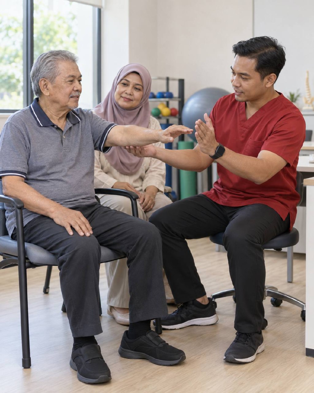 Rawatan Stroke di PERKESO Rehab: Kelayakan, Rawatan dan Pilihan Lain 3 Lelaki berusia melakukan latihan pergerakan lengan dengan bimbingan profesional rehabilitasi sementara seorang peneman memerhati.