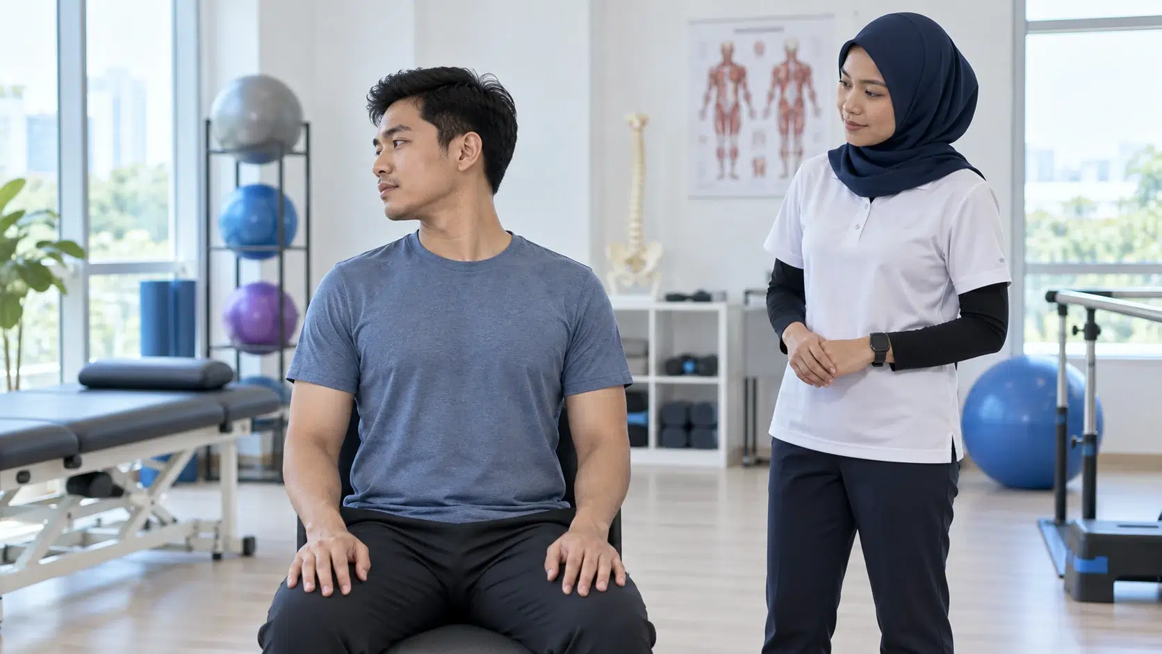 Sakit Leher dan Otot Tegang: Punca, Tanda Bahaya dan Rawatan 3 Seorang dewasa melakukan pusingan leher perlahan dalam julat selesa dengan pengawasan fisioterapis.