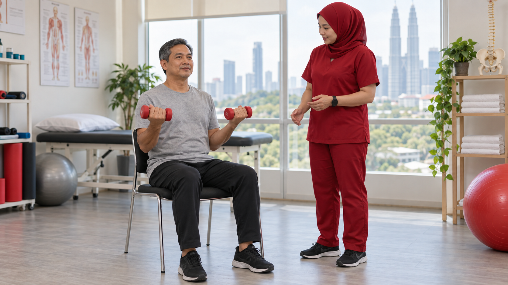 Adult performs gentle seated dumbbell curls while a rehabilitation professional monitors fatigue and technique.