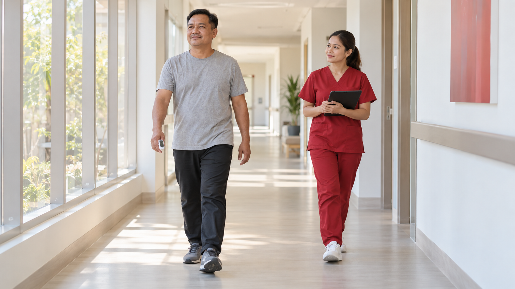 Cardiorespiratory Rehabilitation: Cardiac and Pulmonary Rehab 3 Adult walking through a clinic corridor with a rehabilitation professional carrying a tablet.