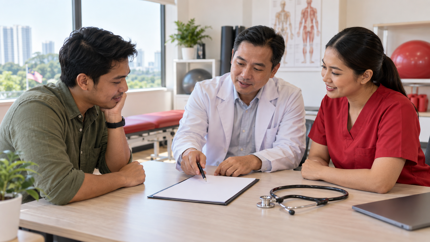 Cardiorespiratory Rehabilitation: Cardiac and Pulmonary Rehab 2 Adult discussing a blank rehabilitation plan with a doctor and rehabilitation professional.