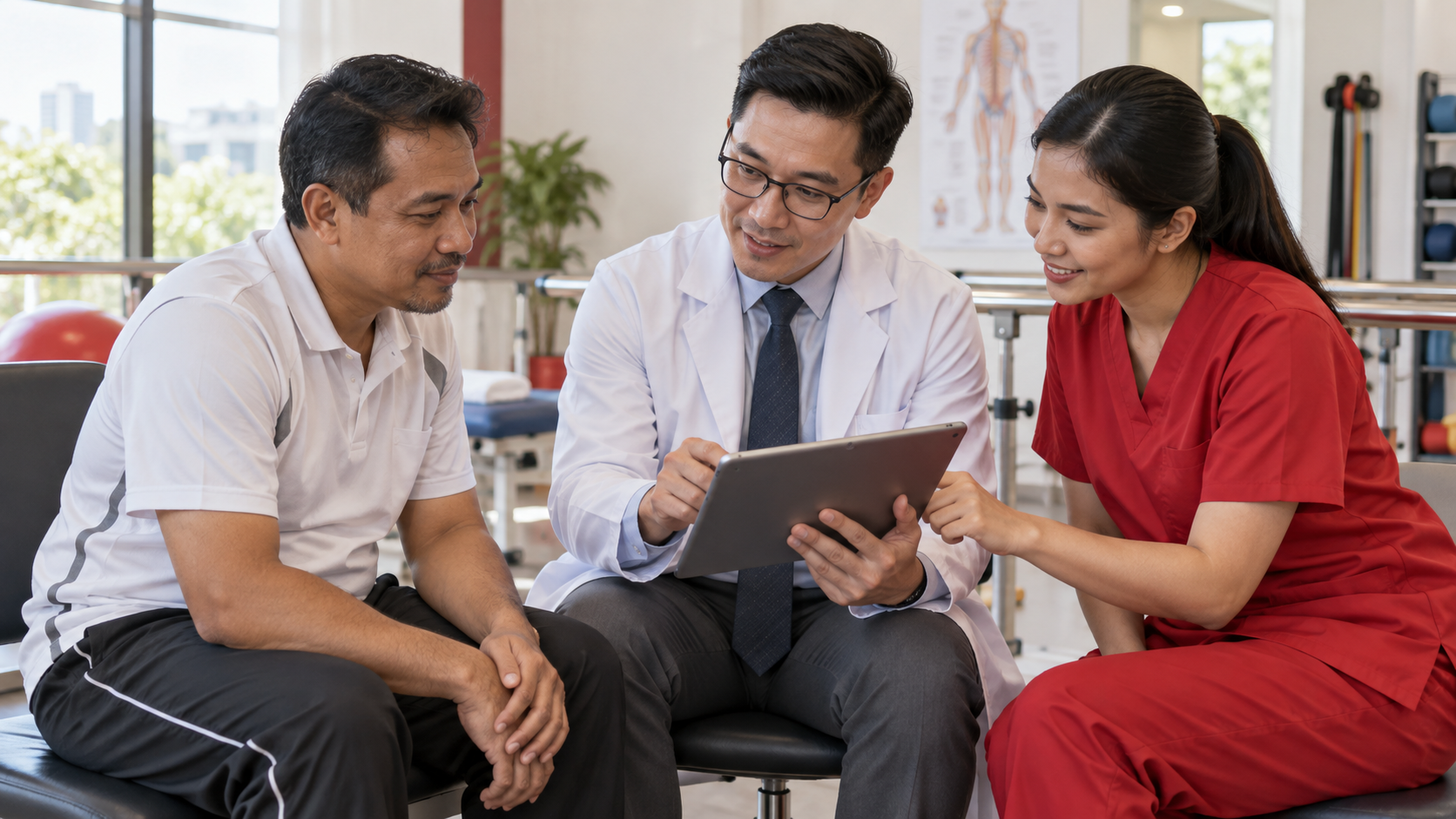 Adult reviewing a blank care plan with a doctor and rehabilitation professional.