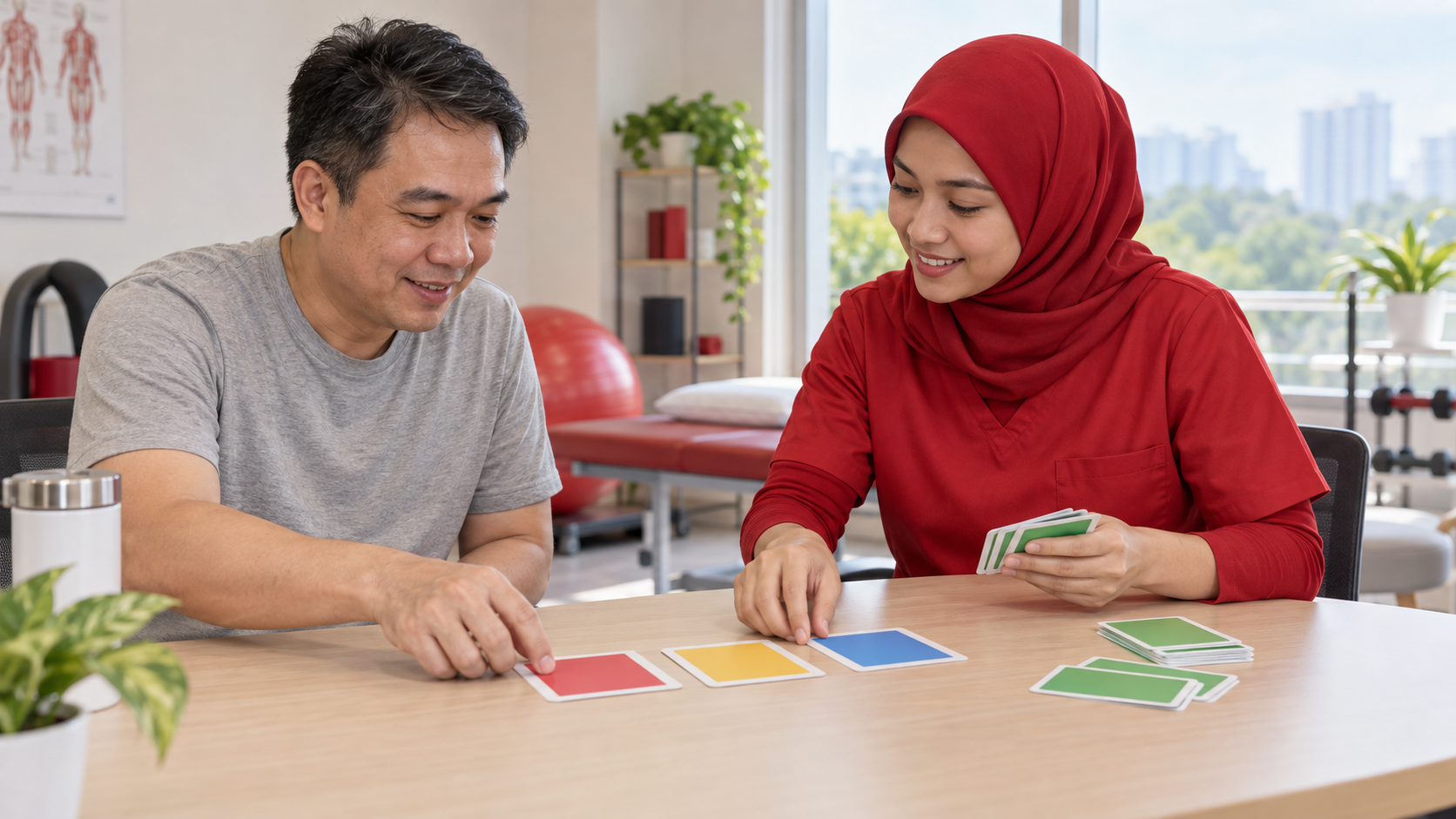 Adult and rehabilitation professional arrange blank activity cards during a planning discussion.