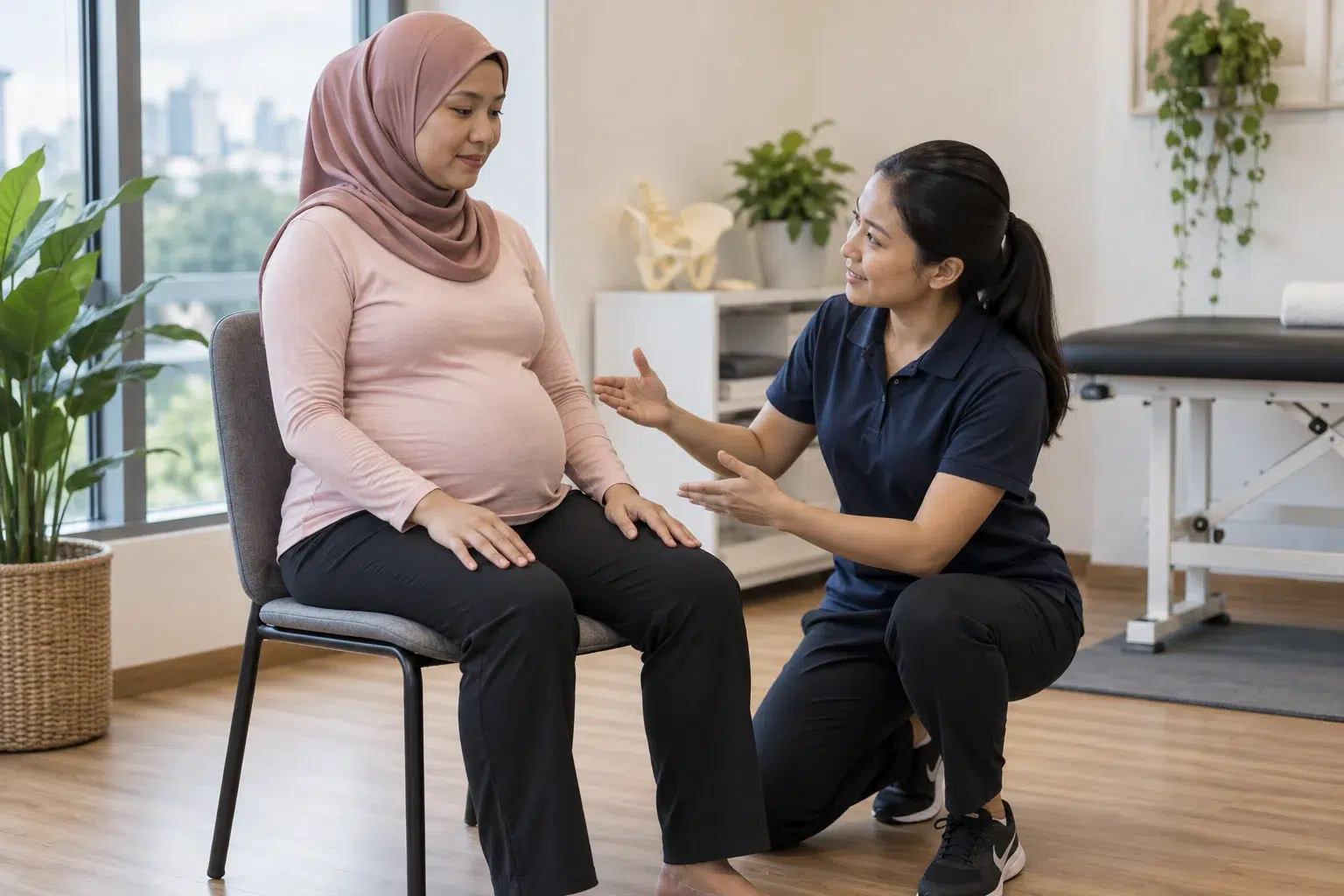 Pelvic Pain vs Sciatica 3 Fisioterapi wanita menerangkan postur dan pergerakan kepada ibu hamil