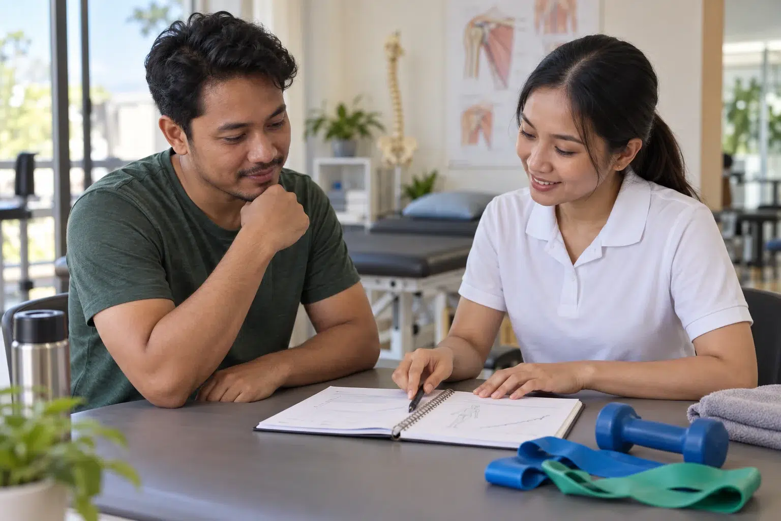 Kecederaan Rotator Cuff: Tanda, Penilaian dan Fisioterapi 4 Seorang dewasa dan fisioterapis menyemak pelan pemulihan bahu bersama peralatan ringan.