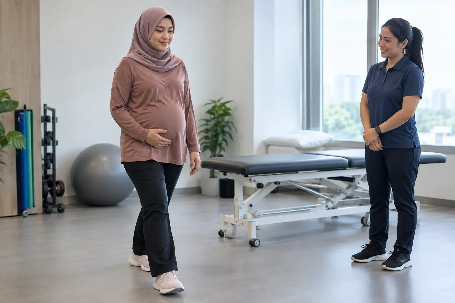 Pelvic Pain vs Sciatica 2 Fisioterapi wanita memerhati pergerakan selesa seorang ibu hamil