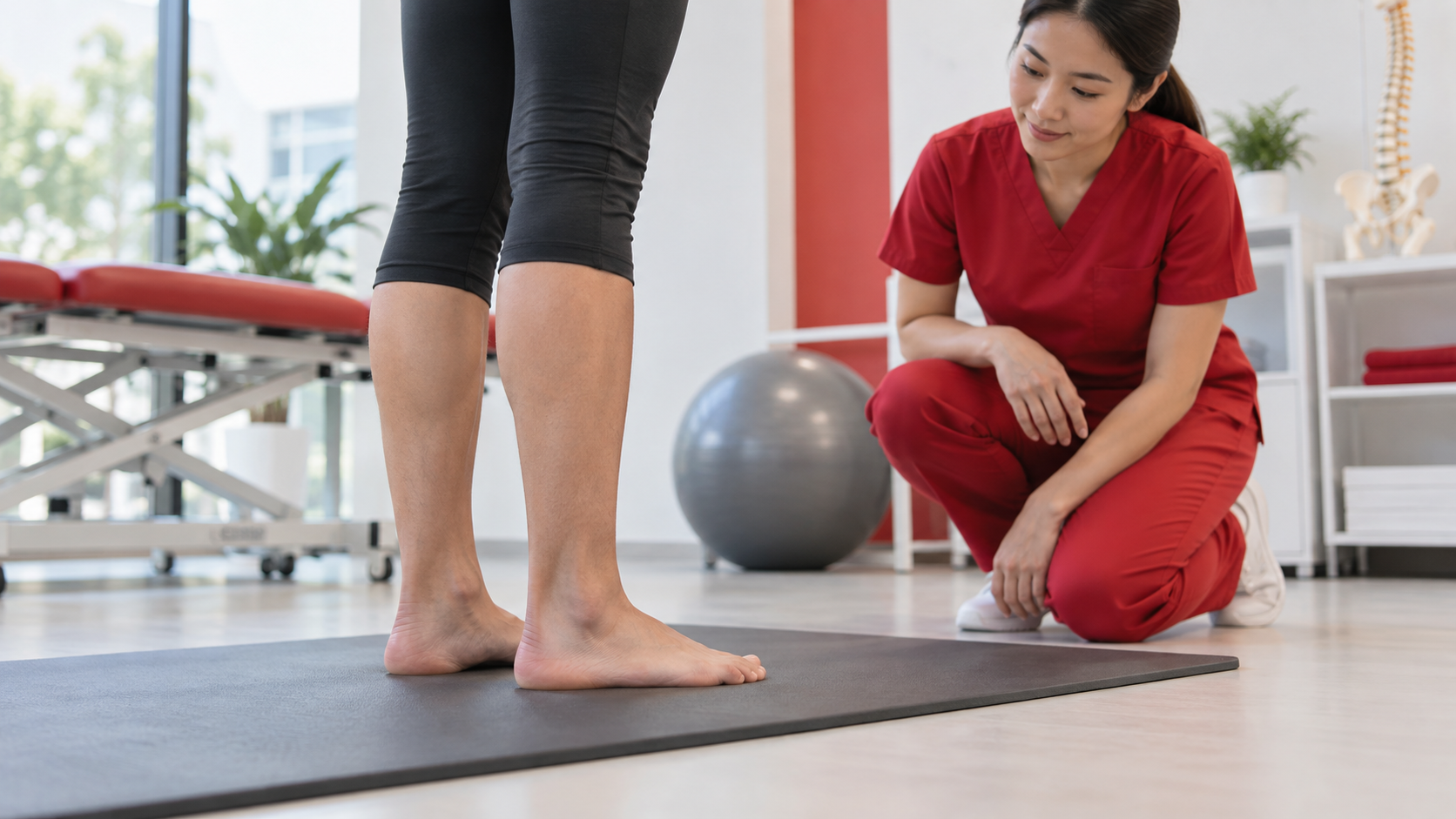 Tapak Kaki Rata: Bila Normal dan Bila Perlu Rawatan? 1 Individu berdiri tanpa kasut di atas tikar penilaian sementara petugas memerhati bentuk kaki.