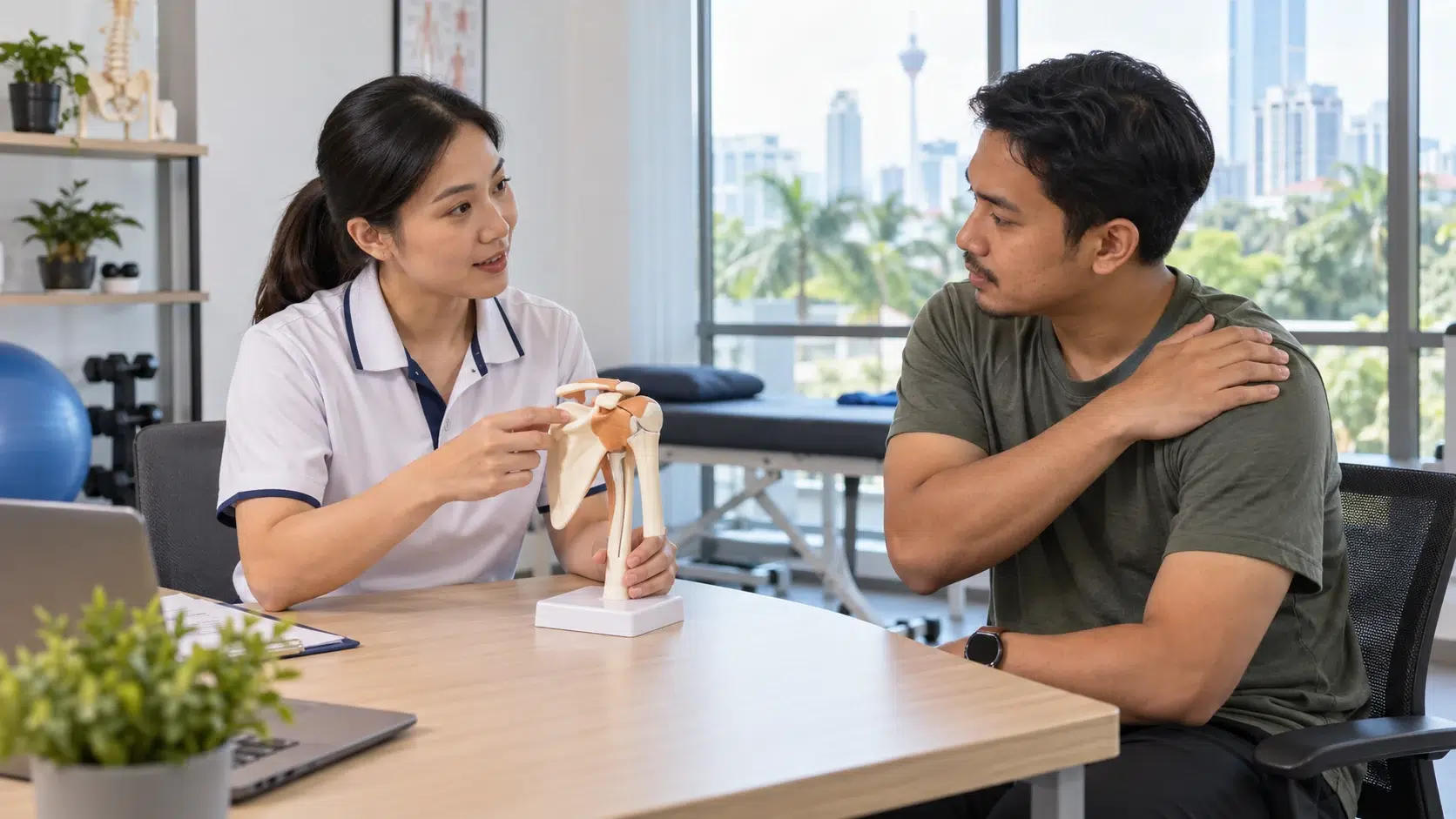Physiotherapist explaining shoulder movement with a joint model to an adult