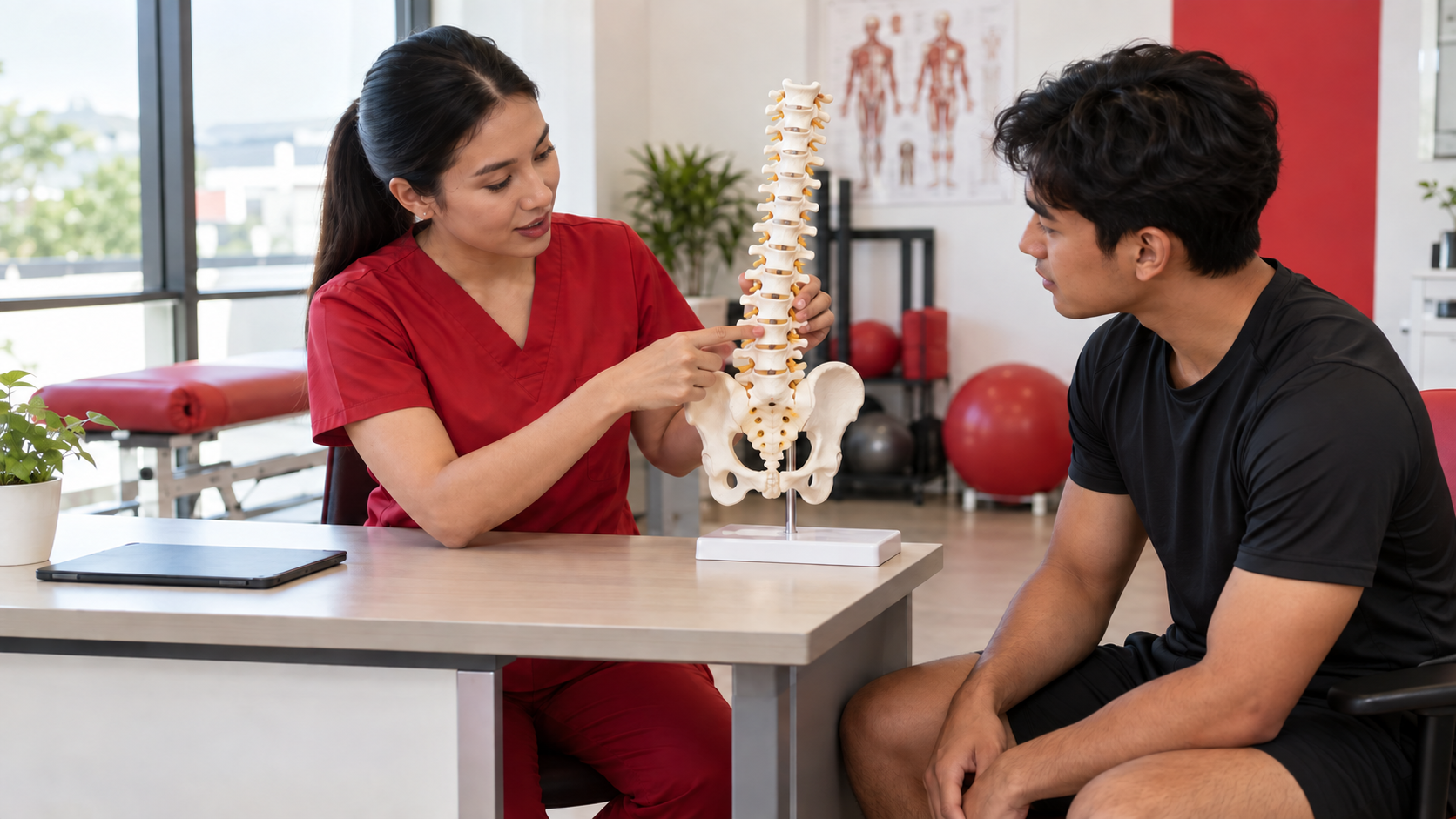 Spondylolysis: Punca, Simptom dan Panduan Pemulihan 1 Petugas rehabilitasi menggunakan model lumbar dan pelvis untuk menerangkan struktur bahagian bawah tulang belakang.