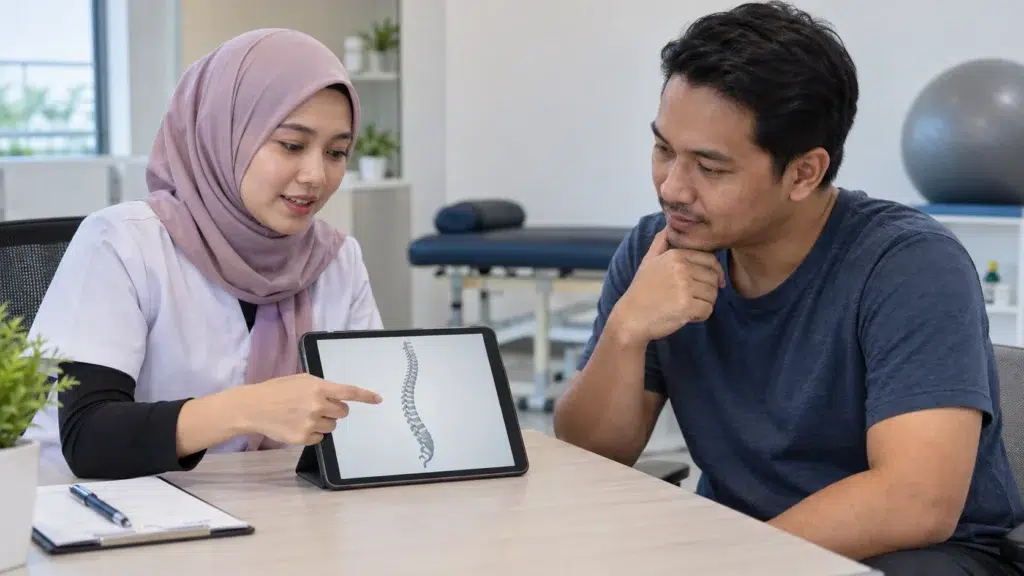 Pengurusan Perubatan Stenosis Tulang Belakang: Pilihan dan Bila Rujuk Pakar 10 Ilustrasi penerangan gejala belakang bersama ahli fisioterapi