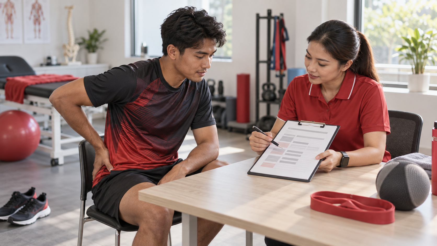 Spondylolysis: Punca, Simptom dan Panduan Pemulihan 2 Atlet dan petugas rehabilitasi menyemak pelan latihan dan pemulihan di sebuah klinik sukan.