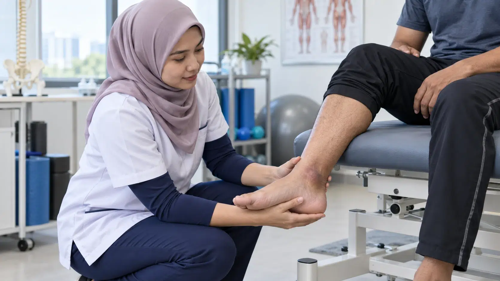 Kaki Terseliuh dan Bengkak: Apa Perlu Buat? 1 Fisioterapis menilai pergerakan buku lali seorang dewasa yang terseliuh secara berhati-hati.