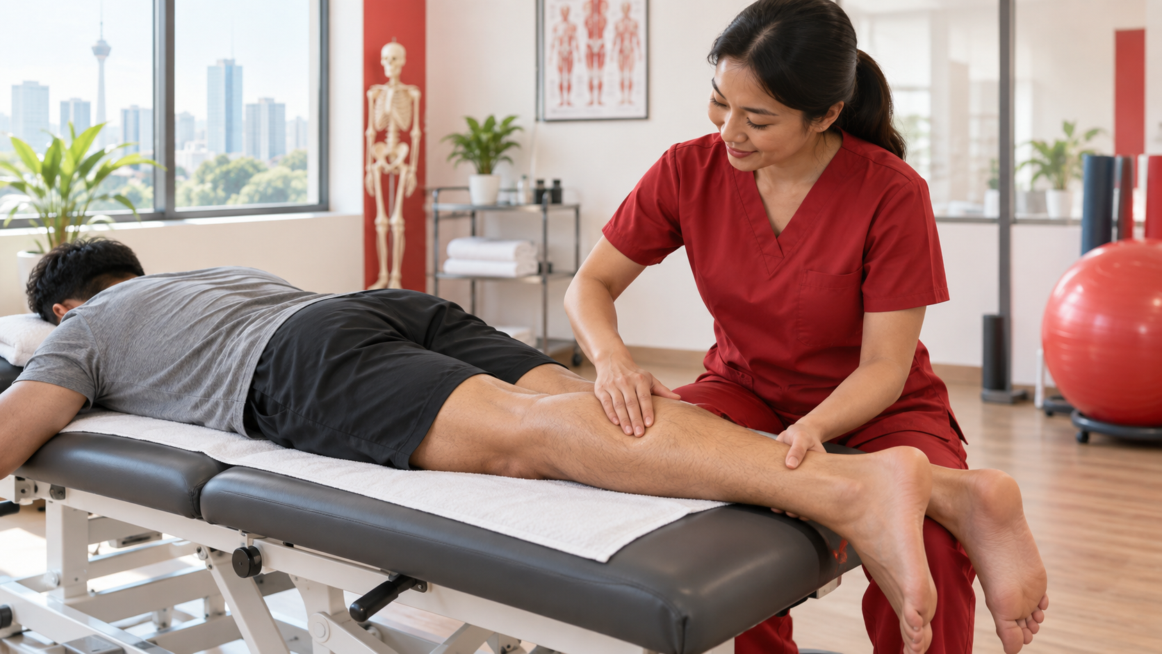 Fisioterapis melakukan pemeriksaan lembut pada betis dan bahagian bawah kaki pesakit di atas katil rawatan.