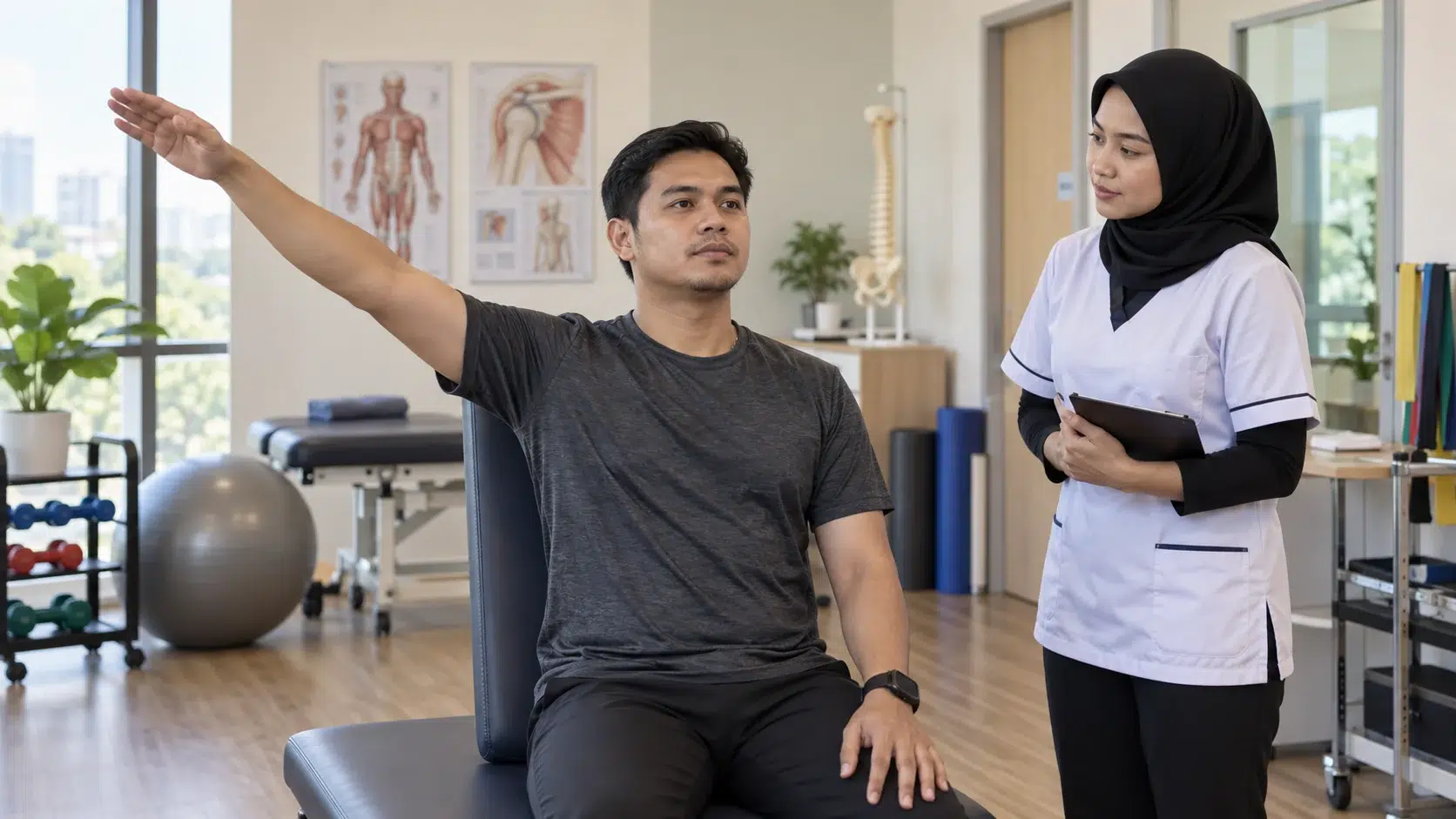 Physiotherapist assessing an adult's shoulder movement within a comfortable range