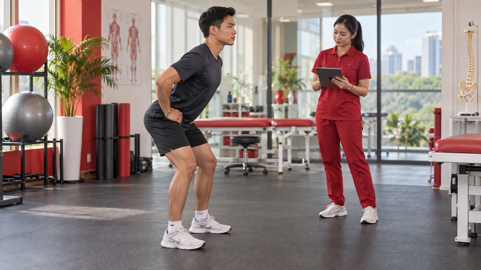 Spondylolysis: Punca, Simptom dan Panduan Pemulihan 3 Petugas rehabilitasi memerhati atlet melakukan pergerakan hip hinge tanpa beban.