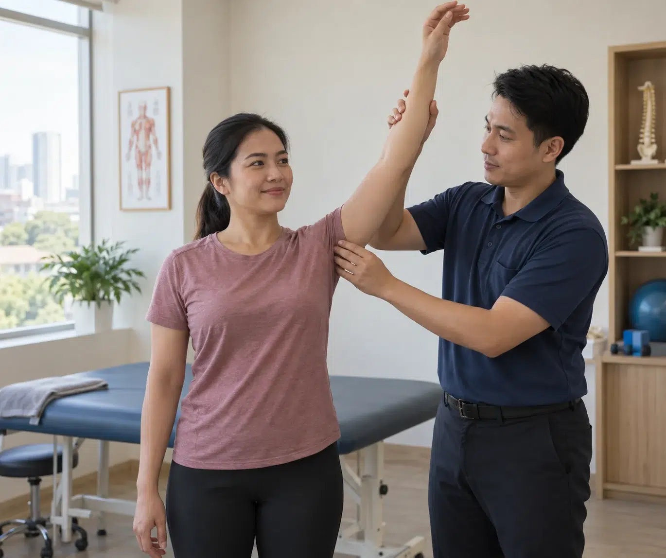Kecederaan Rotator Cuff: Tanda, Penilaian dan Fisioterapi 1 Fisioterapis menilai pergerakan bahu seorang dewasa dalam julat yang selesa.