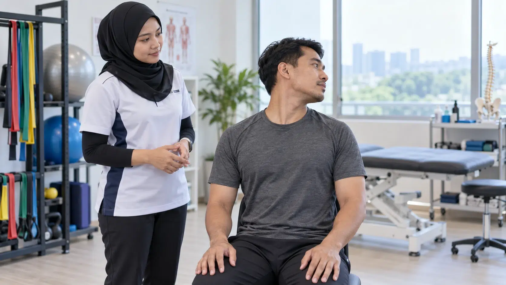 Sakit Leher dan Otot Tegang: Punca, Tanda Bahaya dan Rawatan 1 Fisioterapis memerhati pergerakan leher seorang dewasa secara perlahan dalam penilaian klinikal.