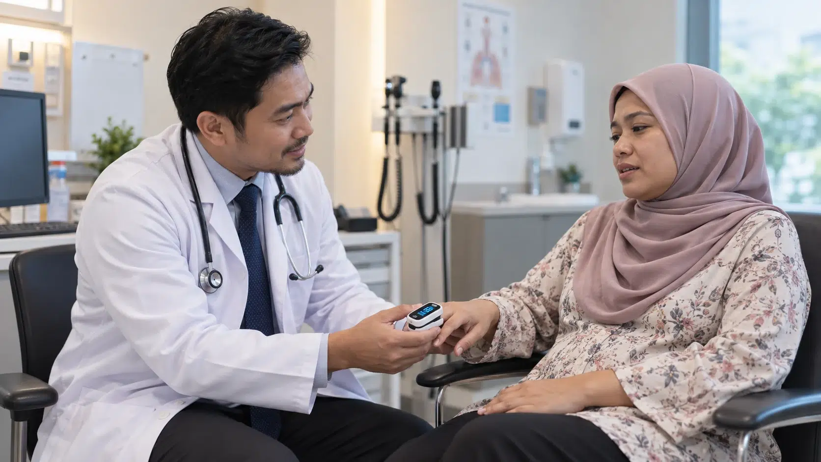 Sesak Nafas: Tanda Bahaya, Langkah Selamat dan Peranan Fisioterapi 1 Doktor memeriksa bacaan oksigen seorang dewasa yang mengalami sesak nafas.
