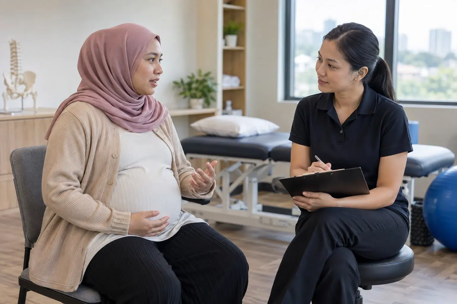 Pelvic Pain vs Sciatica 1 Ibu hamil berbincang dengan fisioterapi wanita semasa penilaian