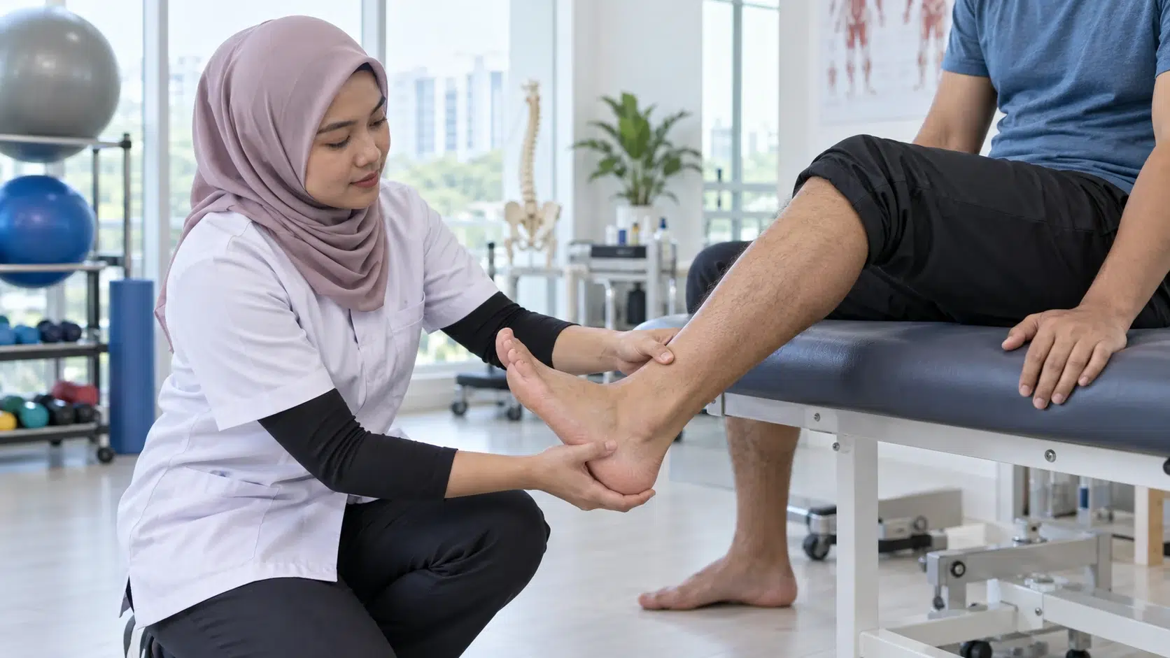 Fisioterapis memeriksa tumit dan pergerakan buku lali seorang dewasa secara berhati-hati.
