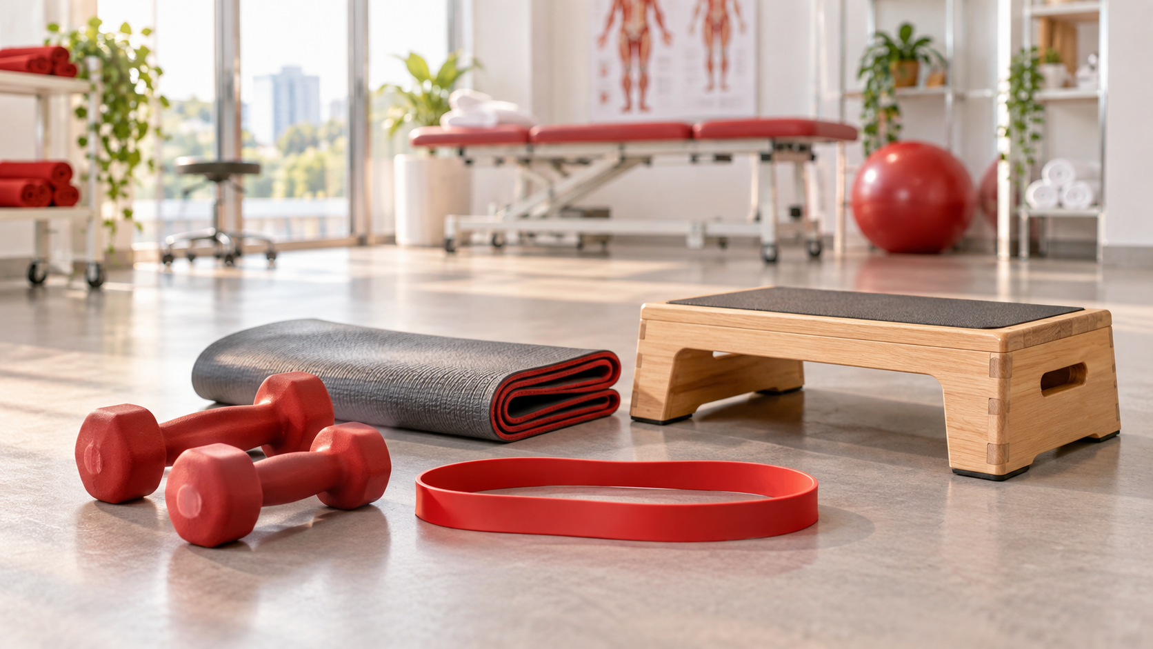 Senaman Kekuatan: Panduan Selamat untuk Pemula 1 Dumbbell ringan, resistance band, tikar senaman dan platform rendah di ruang rehabilitasi.