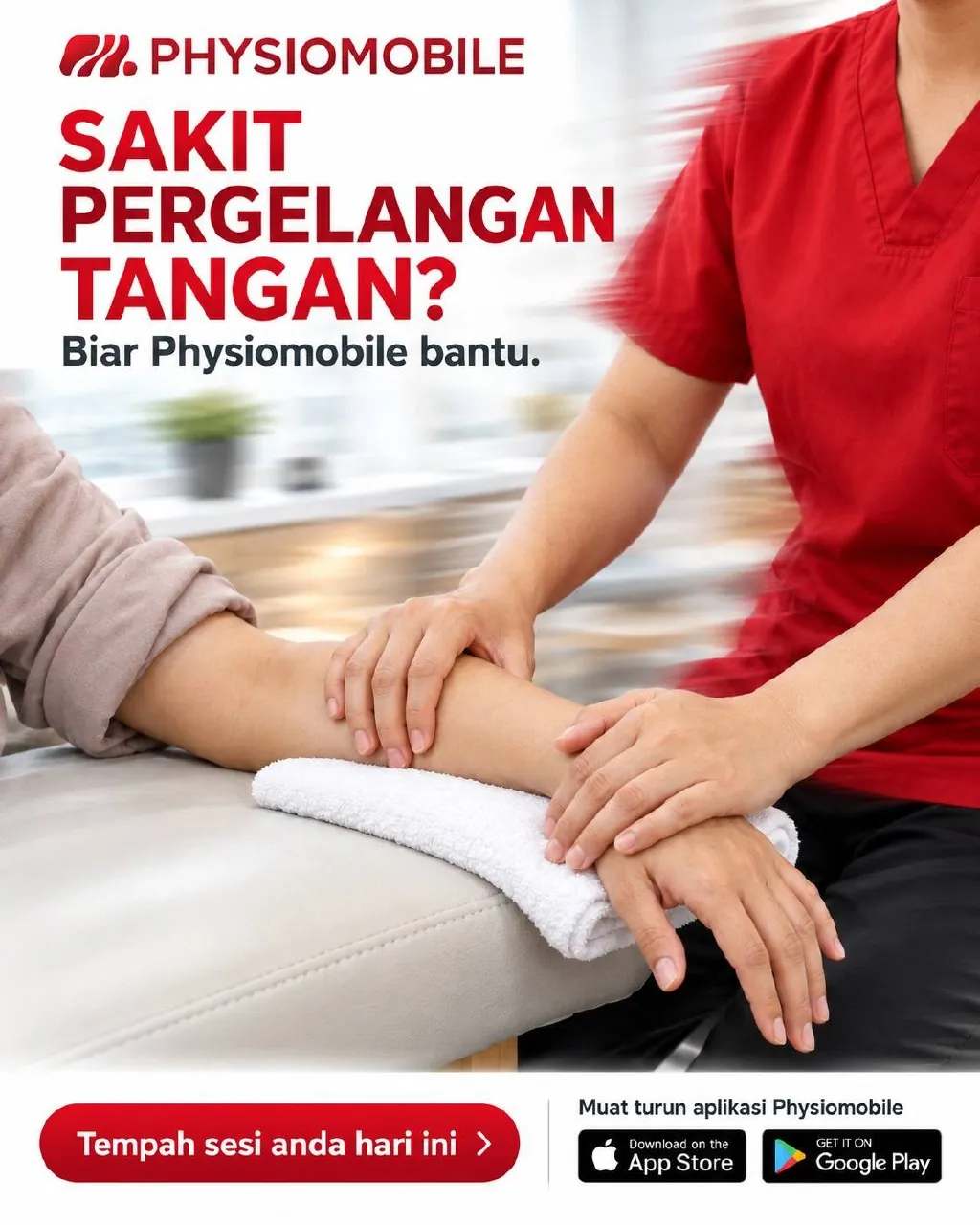 Sakit Pergelangan Tangan: Adakah Carpal Tunnel Syndrome? 2 Poster Physiomobile tentang sakit pergelangan tangan dengan fisioterapis membantu seorang pesakit.