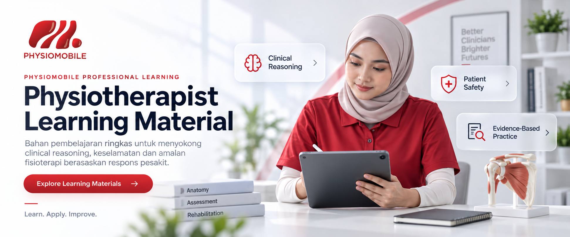 Physiotherapist Learning Material 2 Physiomobile physiotherapist reviewing professional learning material for clinical reasoning and patient safety