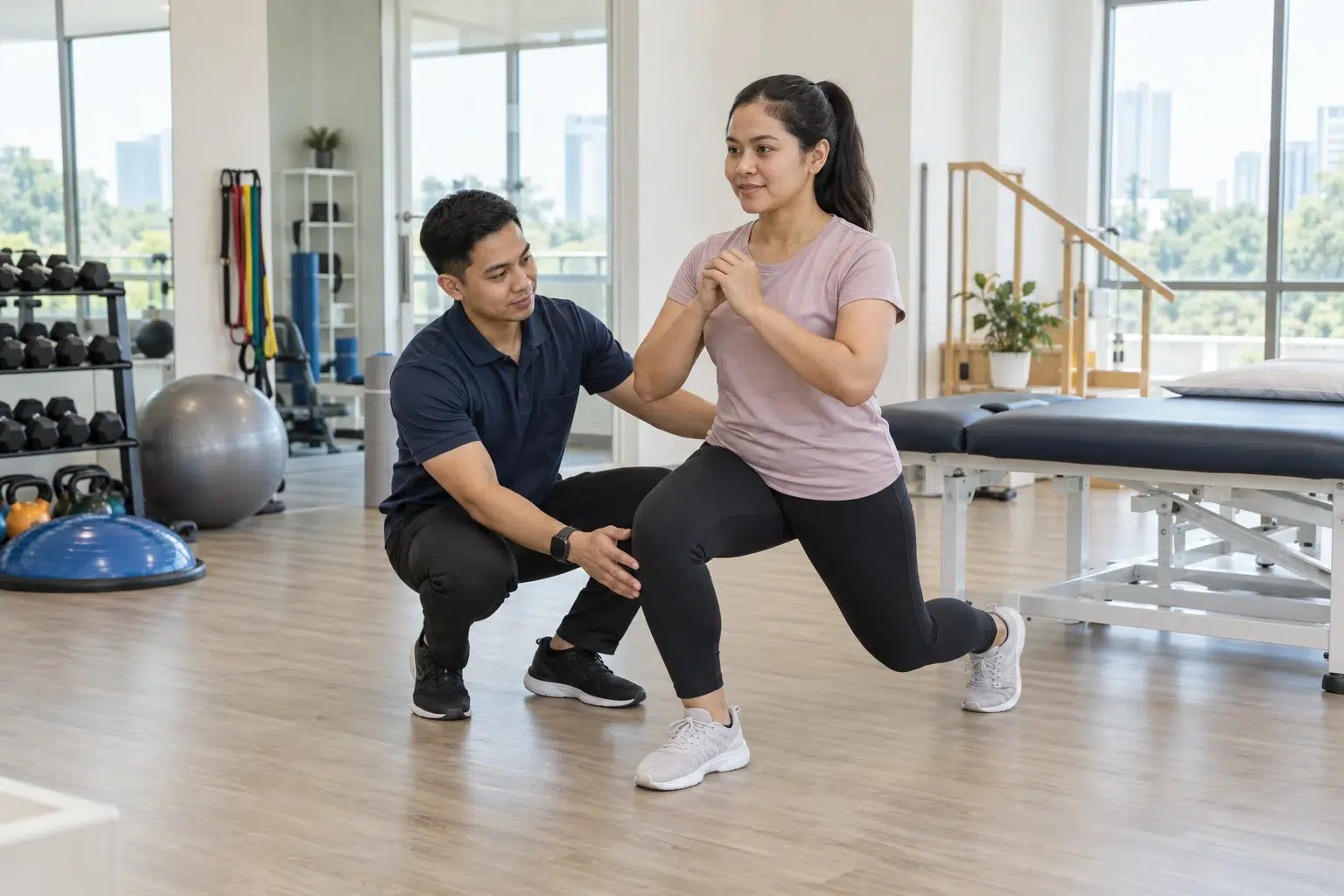 A physiotherapist observes a functional movement in a generic physiotherapy centre.