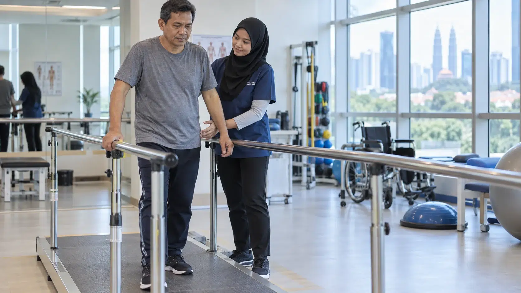 Adult practising supervised standing balance between parallel bars with a physiotherapist