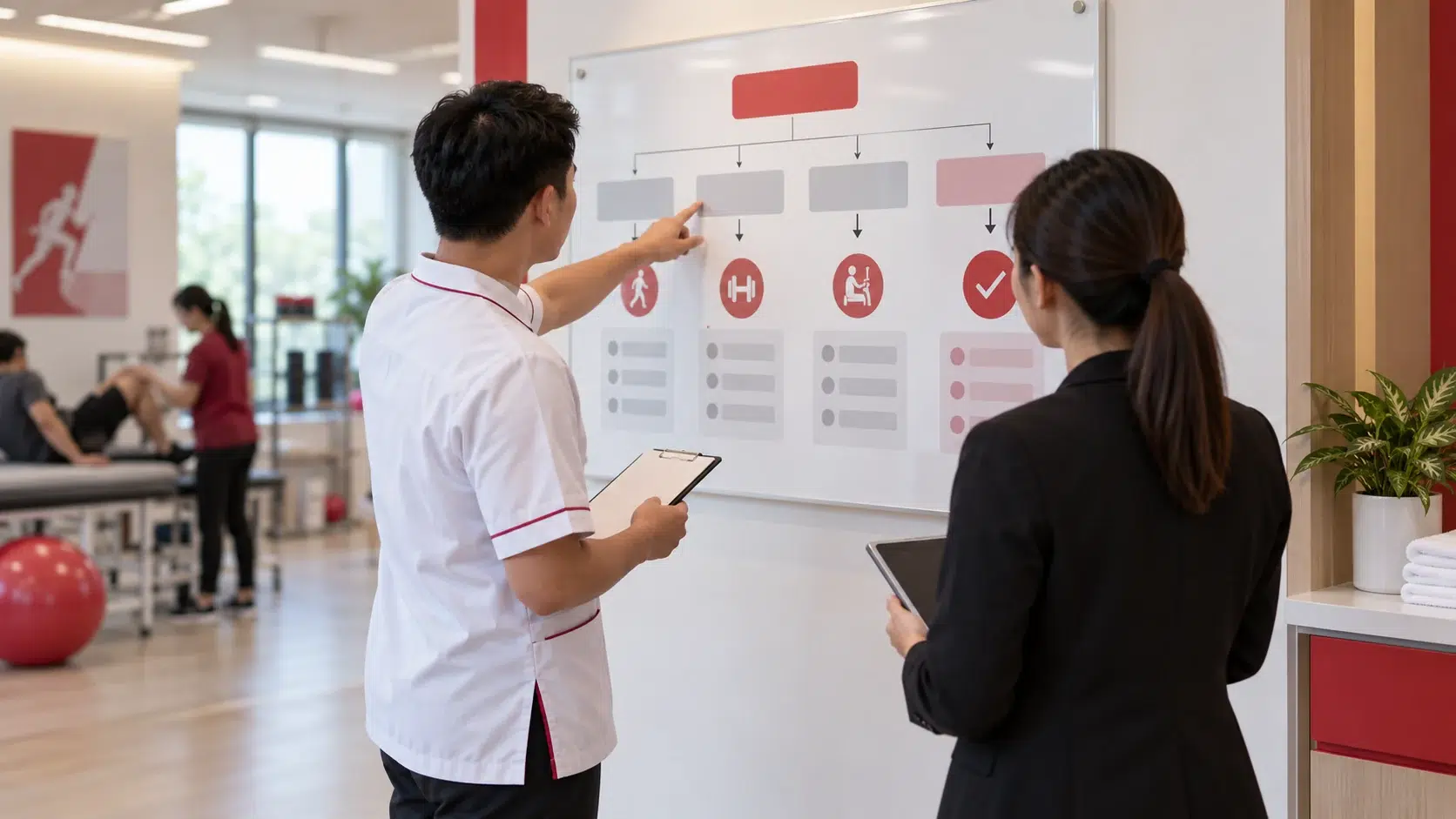 Videos 5 A physiotherapy team reviews a care pathway in a rehabilitation setting